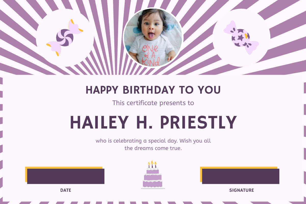 Certificate template: Purple Cute Candies Baby Birthday Certificate (Created by Visual Paradigm Online's Certificate maker)