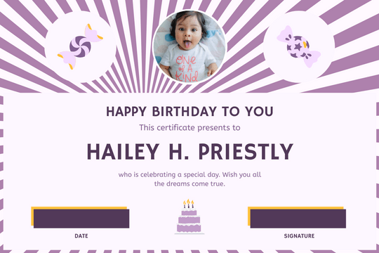 Editable certificates template:Purple Cute Candies Baby Birthday Certificate