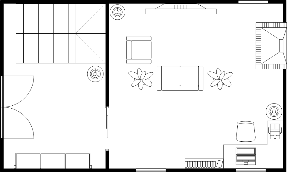 客厅平面图 模板。带楼梯的客厅平面图 (由 Visual Paradigm Online 的客厅平面图软件制作)