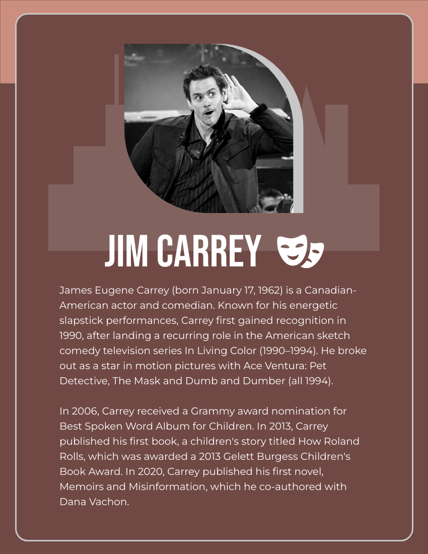 Biography 模板。 Jim Carrey Biography (由 Visual Paradigm Online 的Biography軟件製作)