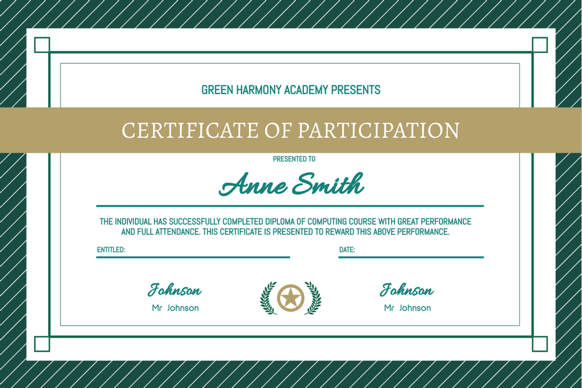 Certificate template: Green Classy Participation Certificate (Created by Visual Paradigm Online's Certificate maker)