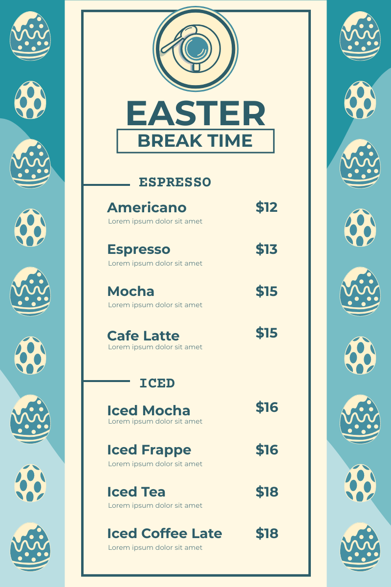 Menu template: Blue Easter Egg Coffee Shop Menu (Created by InfoART's Menu maker)