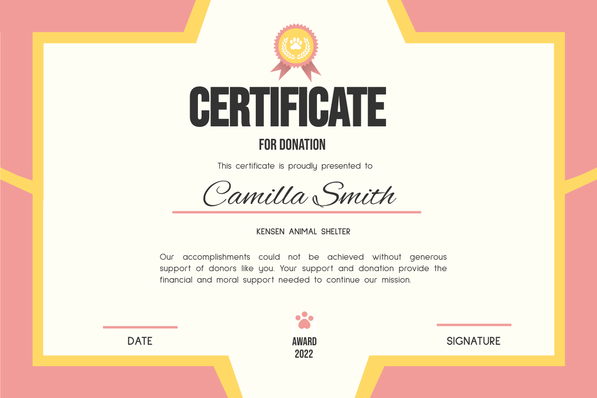 Certificate template: Certificate For Donation In Pink And Yellow (Created by Visual Paradigm Online's Certificate maker)
