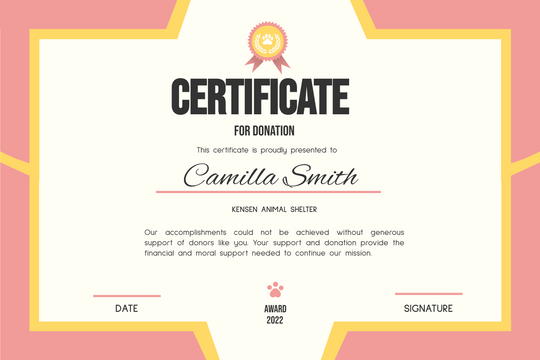 Editable certificates template:Certificate For Donation In Pink And Yellow