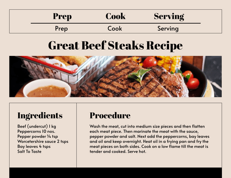 Recipe Cards template: Great Beef Steaks Recipe Card (Created by InfoART's Recipe Cards marker)