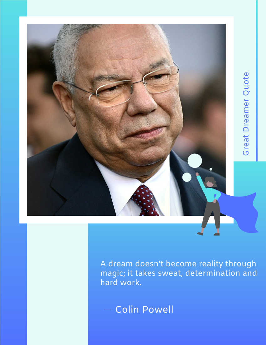 Quote 模板。 A dream doesn't become reality through magic; it takes sweat, determination and hard work. ― Colin Powell  (由 Visual Paradigm Online 的Quote軟件製作)