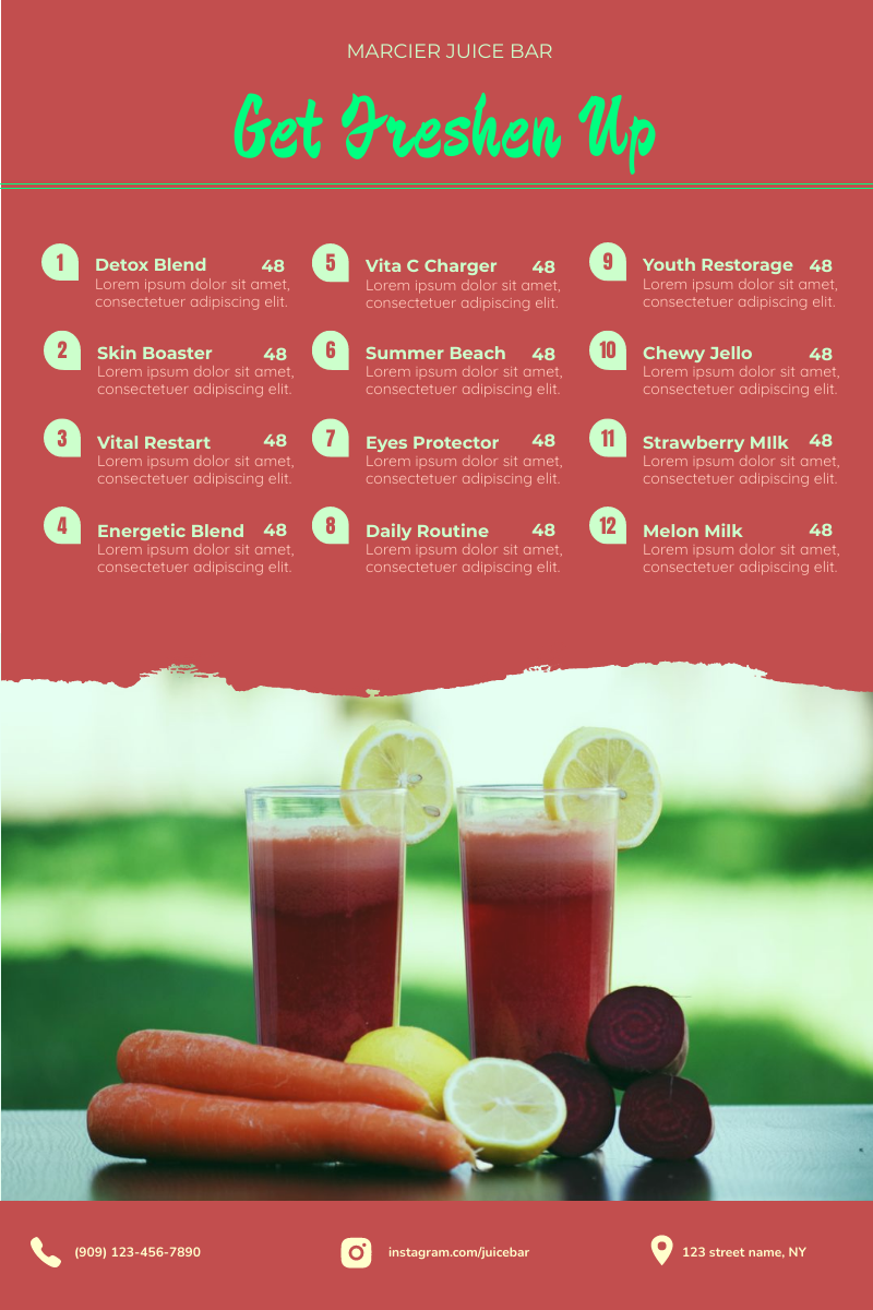 Menu template: Juice Bar Menu (Created by InfoART's Menu maker)