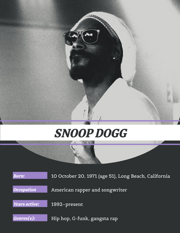 Biography 模板。 Snoop Dogg Biography (由 Visual Paradigm Online 的Biography軟件製作)
