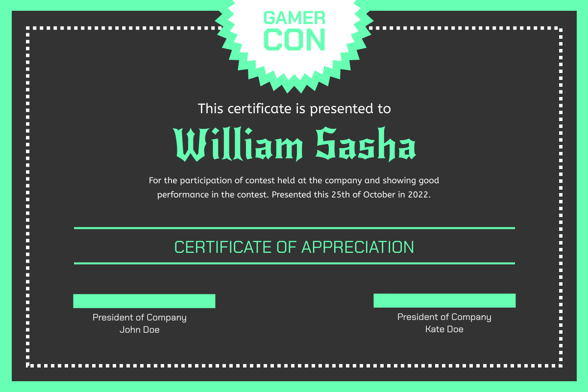 Certificate template: Cyber Mint Gamer Certificate (Created by Visual Paradigm Online's Certificate maker)