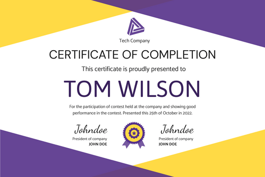 Certificate template: Yellow and Purple Certificate (Created by Visual Paradigm Online's Certificate maker)