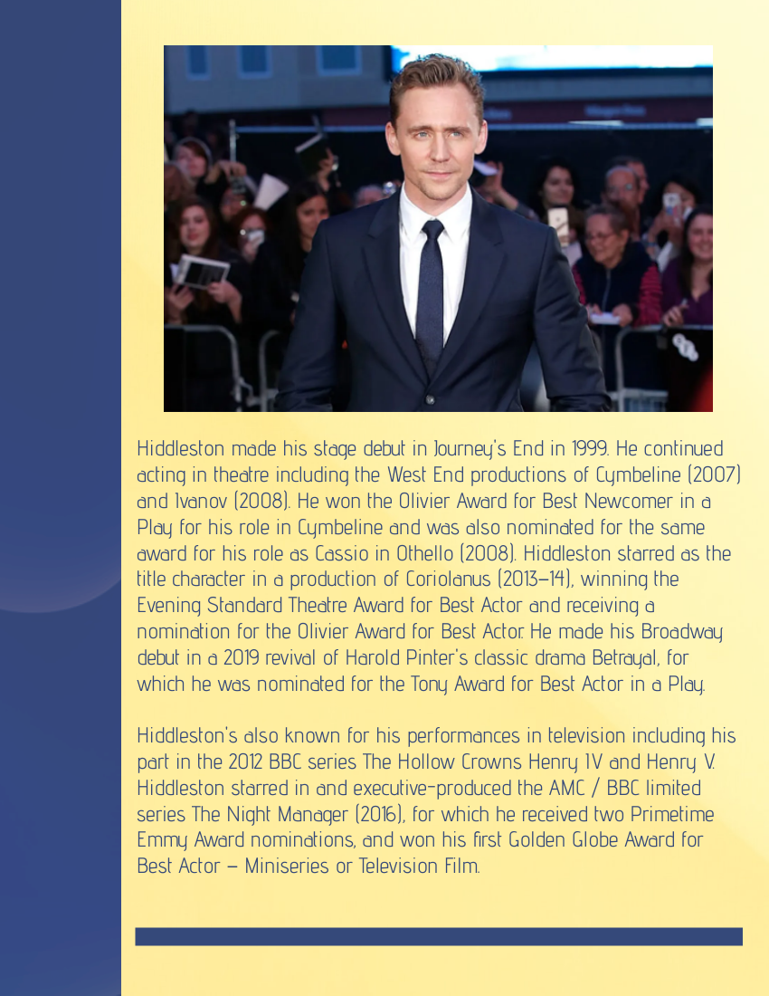 Biography template: Tom Hiddleston Biography (Created by Visual Paradigm Online's Biography maker)