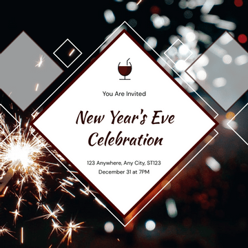Editable invitations template:Red Fireworks Photo New Year Eve Celebration Invitation