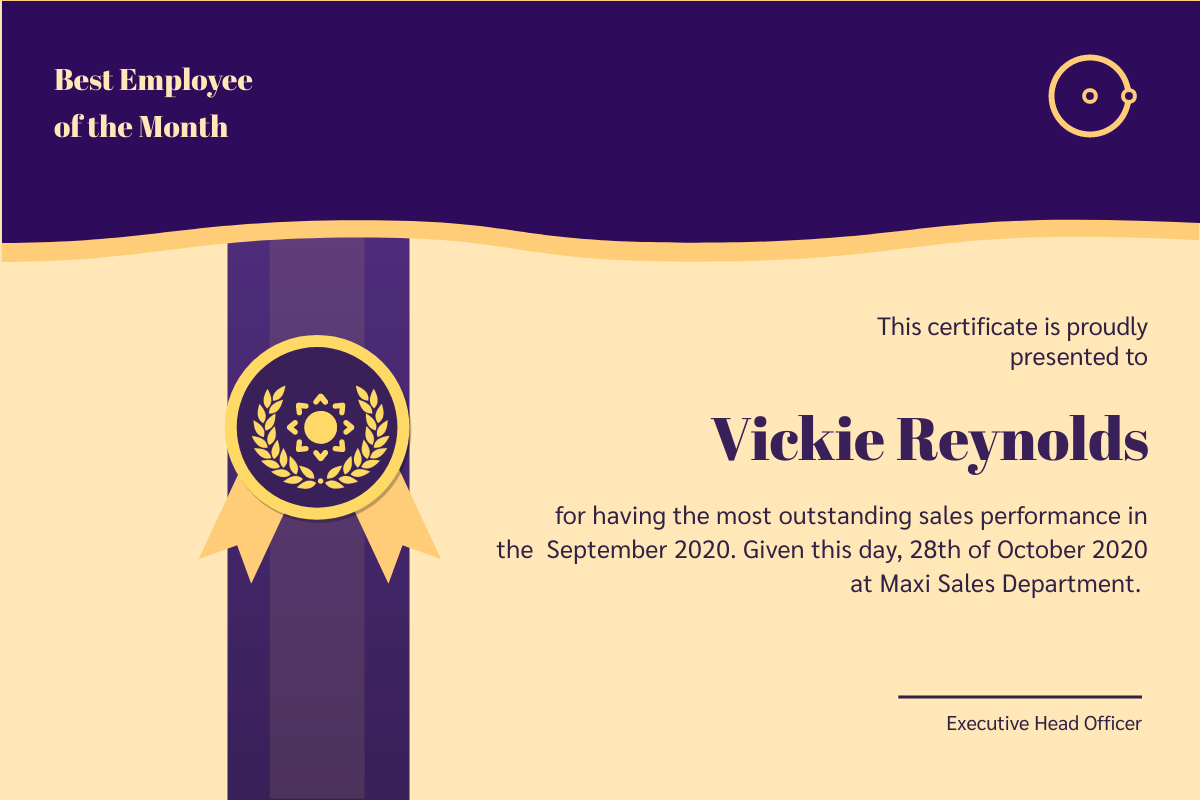 Certificate template: Purple Employee Certificate (Created by Visual Paradigm Online's Certificate maker)