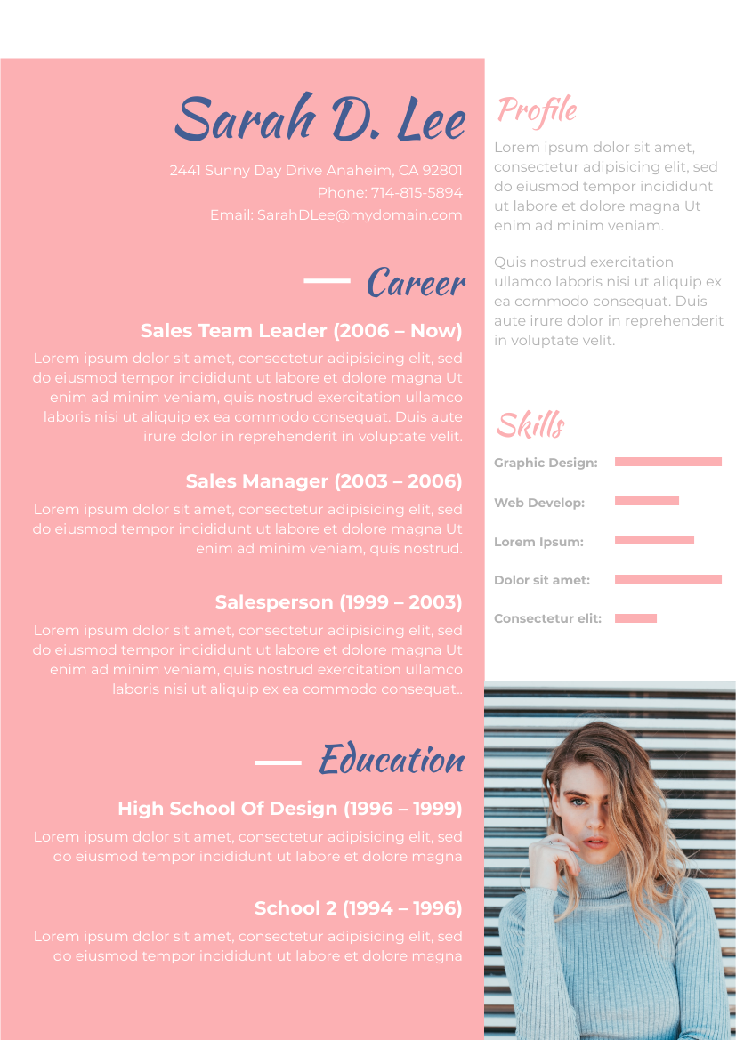 Resume template: Pink Resume 2 (Created by InfoART's Resume maker)