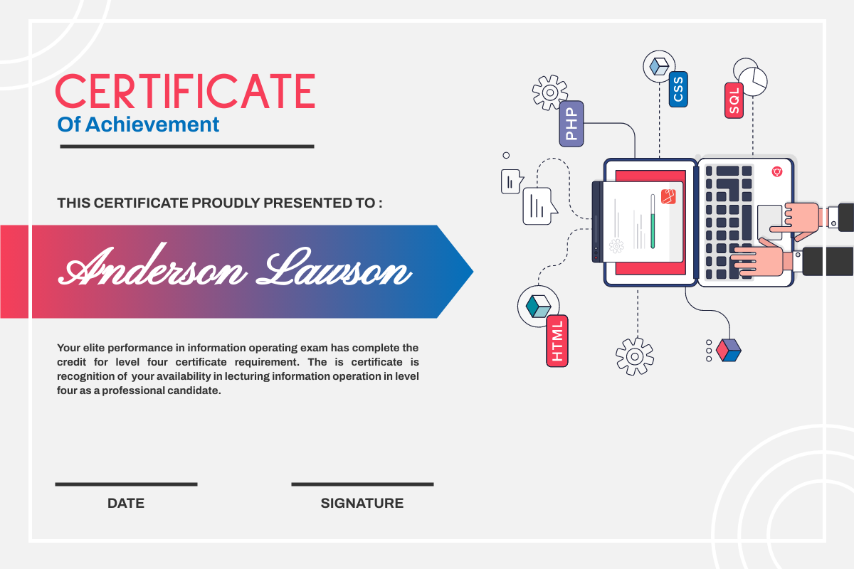 Certificate template: Coding Course Certificate Of Achievement (Created by Visual Paradigm Online's Certificate maker)