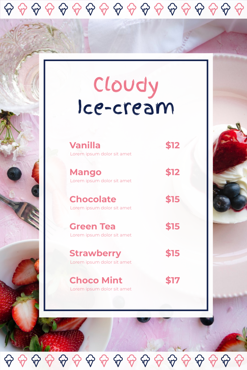 Menu template: Pink And Blue Ice-cream Photo Dessert Menu (Created by Visual Paradigm Online's Menu maker)