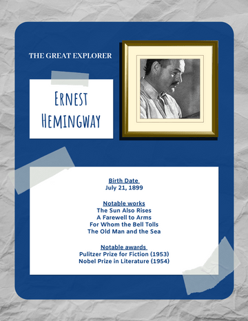 Biography 模板。 Ernest Hemingway Biography (由 Visual Paradigm Online 的Biography軟件製作)