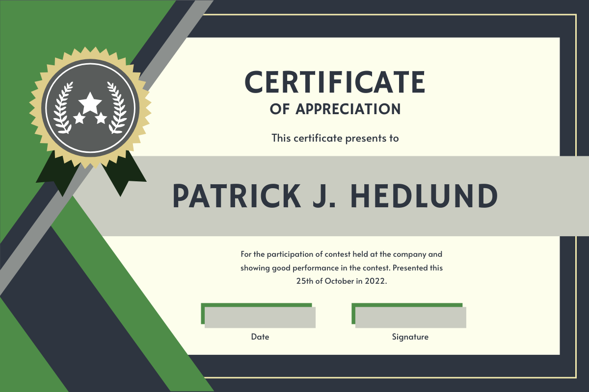 Certificate template: Green And Grey Triangles With Badge Certificate (Created by InfoART's Certificate maker)