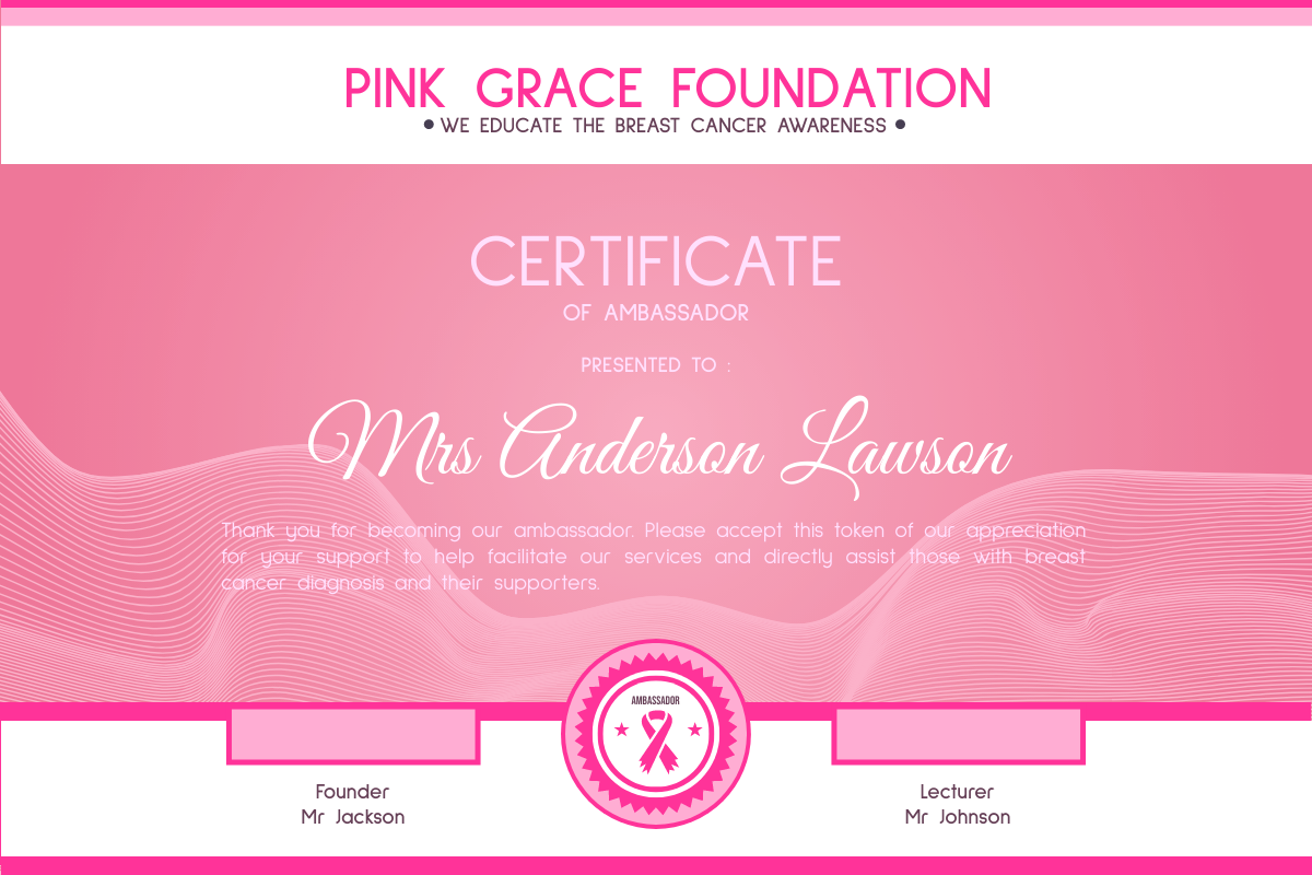Certificate template: Breast Cancer Ambassador Certificate (Created by InfoART's Certificate maker)