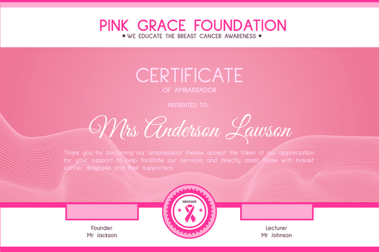 Certificate template: Breast Cancer Ambassador Certificate (Created by Visual Paradigm Online's Certificate maker)