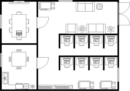 办公室平面图 模板。带茶水间的办公室平面图 (由 Visual Paradigm Online 的办公室平面图软件制作)