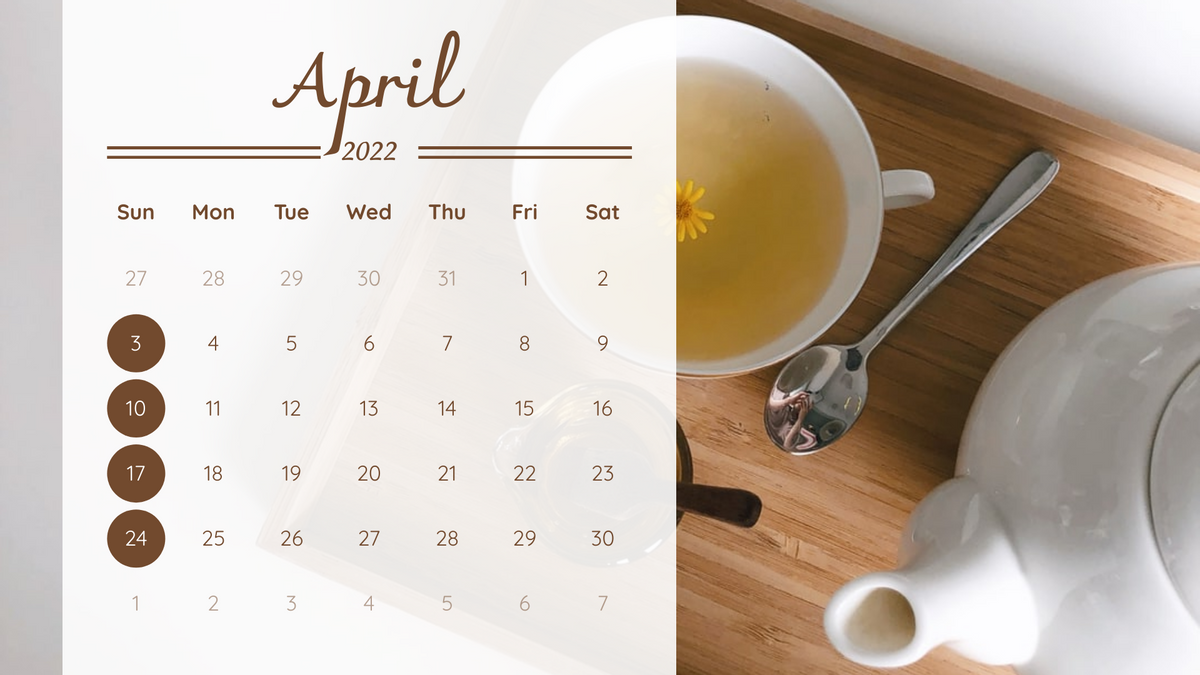 Calendar template: Tea Time Calendar 2022 (Created by Visual Paradigm Online's Calendar maker)