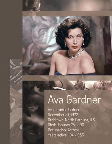 Biography 模板。Ava Gardner Biography (由 Visual Paradigm Online 的Biography软件制作)