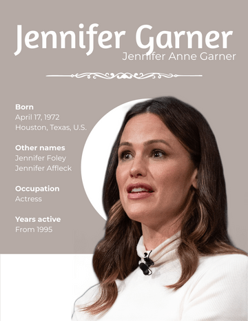 Biography 模板。Jennifer Garner Biography (由 Visual Paradigm Online 的Biography软件制作)