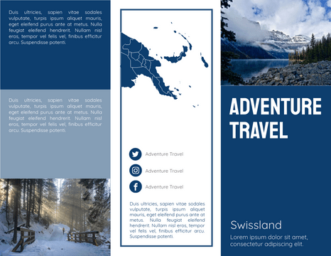 Editable brochures template:Adventure Travel To Swissland Brochure