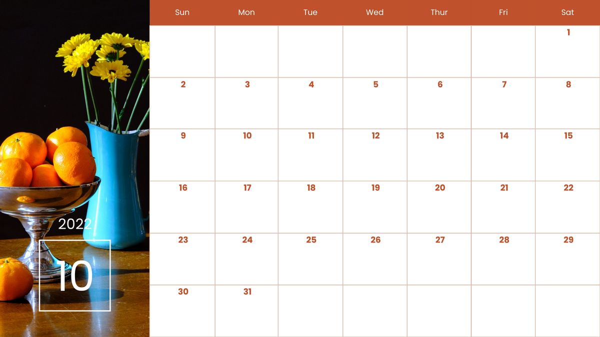 Calendar 模板。Orange Color Theme Calendar (由 Visual Paradigm Online 的Calendar软件制作)