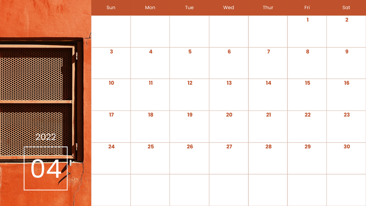Calendar 模板。 Orange Color Theme Calendar (由 Visual Paradigm Online 的Calendar軟件製作)
