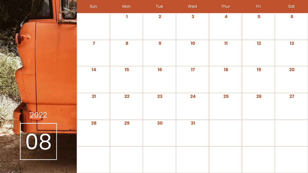 Calendar 模板。Orange Color Theme Calendar (由 Visual Paradigm Online 的Calendar软件制作)