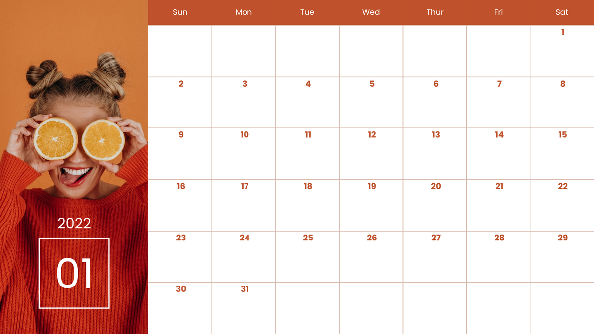 Calendar 模板。 Orange Color Theme Calendar (由 Visual Paradigm Online 的Calendar軟件製作)