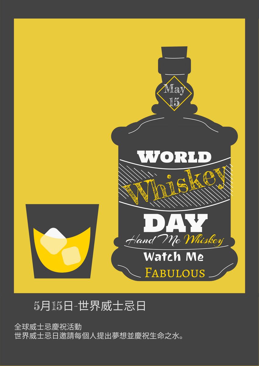 世界威士忌日插圖黃黑海報