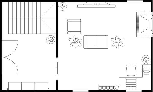客廳平面圖 模板。 帶樓梯的客廳平面圖 (由 Visual Paradigm Online 的客廳平面圖軟件製作)