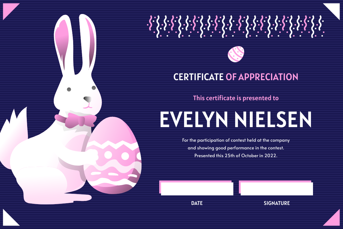 Certificate template: Pink And Purple Rabbit Cartoon Easter Certificate (Created by Visual Paradigm Online's Certificate maker)
