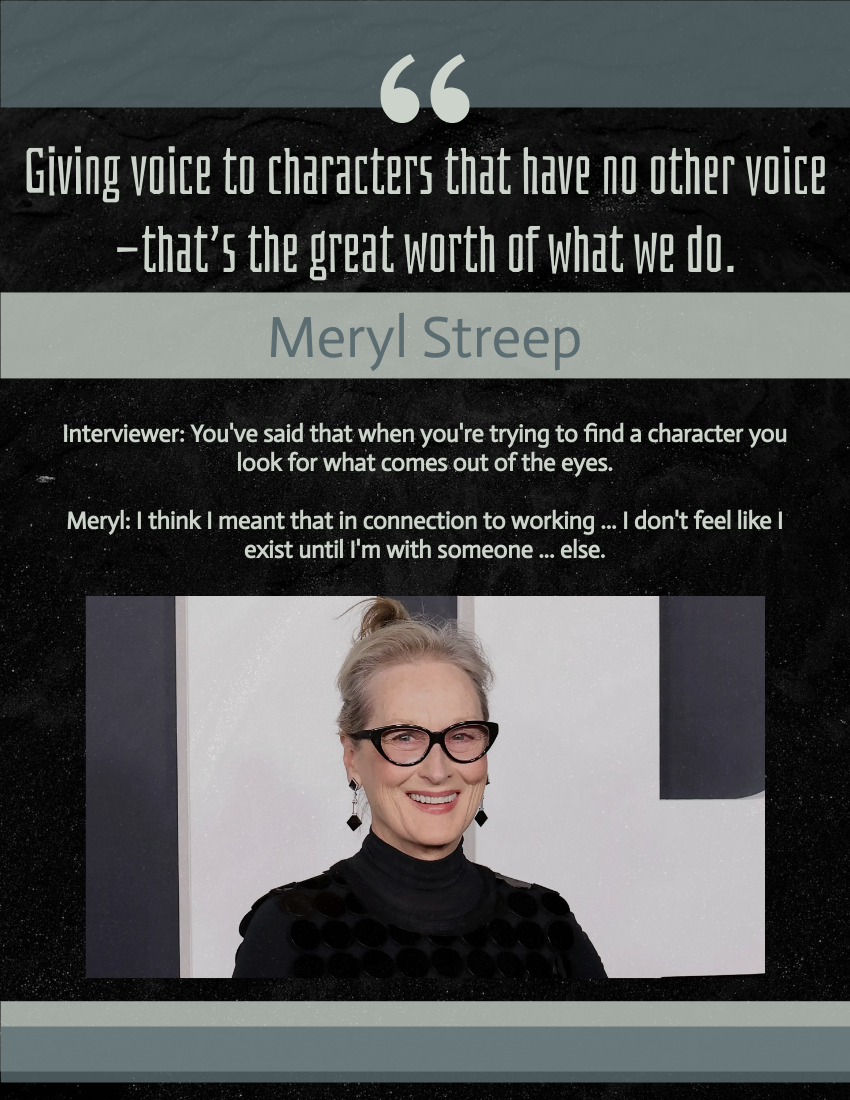 Quote template: Giving voice to characters that have no other voice—that’s the great worth of what we do. - Meryl Streep (Created by Visual Paradigm Online's Quote maker)