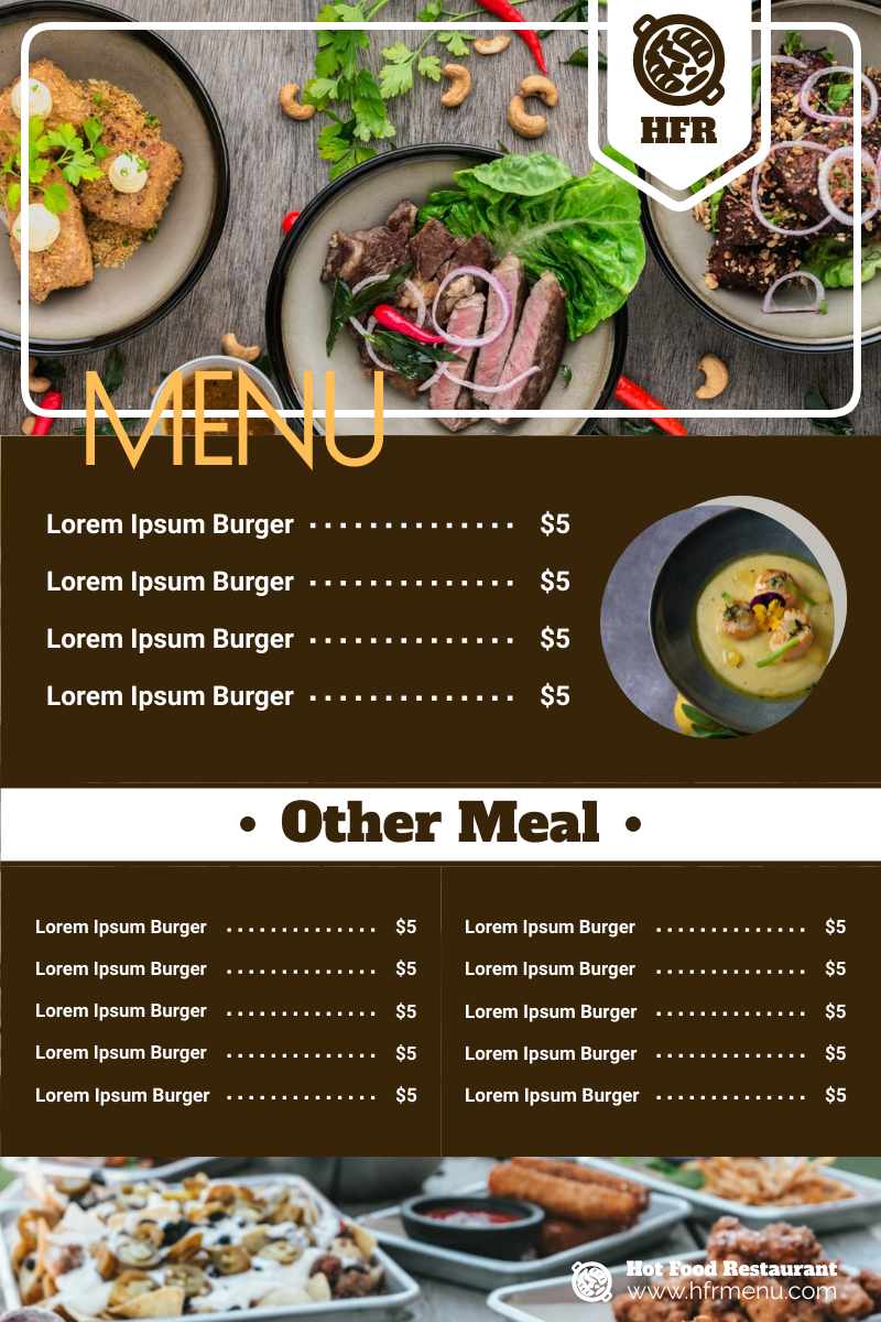 Menu template: Brown And White Menu With Photos (Created by Visual Paradigm Online's Menu maker)