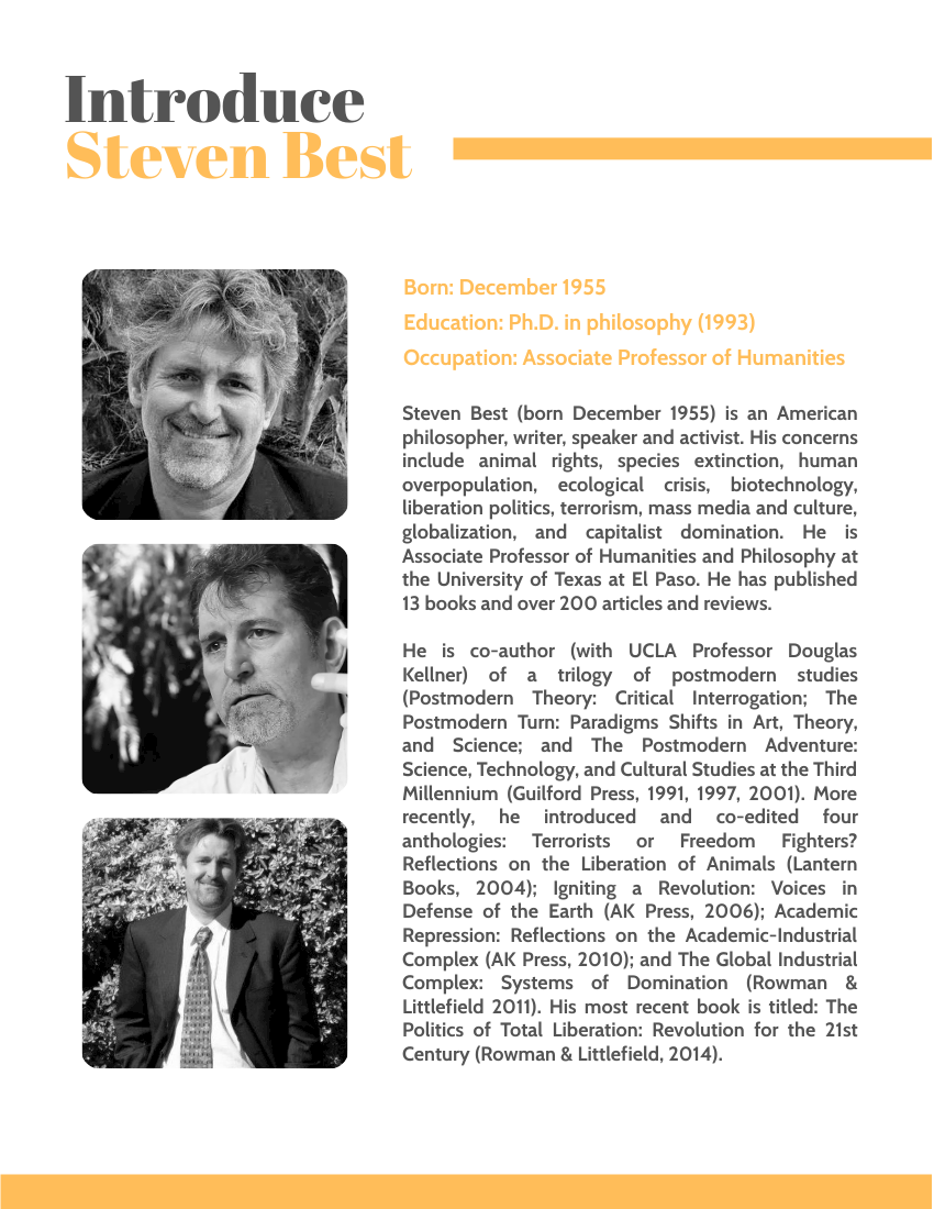 Biography template: Steven Best Biography (Created by Visual Paradigm Online's Biography maker)