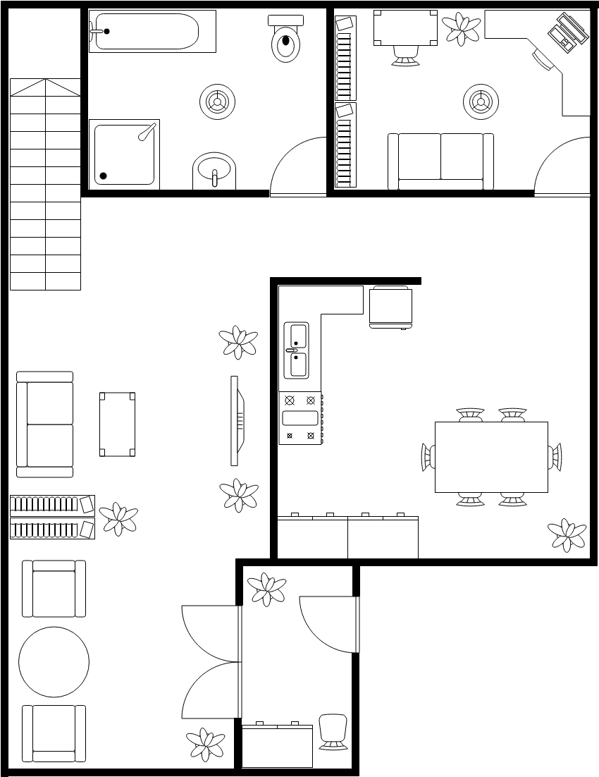 平面图 模板。两层房子底层平面图 (由 Visual Paradigm Online 的平面图软件制作)