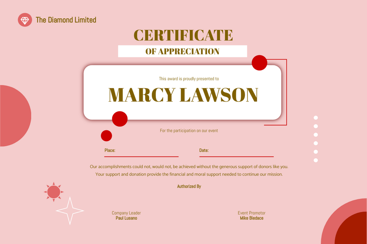 Certificate template: Pink  And Gold Simple Appreciation Certificate (Created by Visual Paradigm Online's Certificate maker)