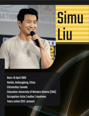 Biography 模板。 Simu Liu Biography (由 Visual Paradigm Online 的Biography軟件製作)