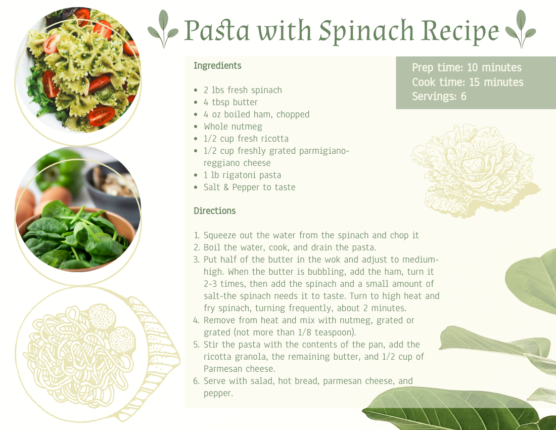 Recipe Card template: Pasta with Spinach Recipe Card (Created by Visual Paradigm Online's Recipe Card maker)
