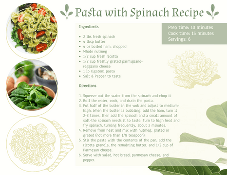 Recipe Cards template: Pasta with Spinach Recipe Card (Created by InfoART's Recipe Cards marker)