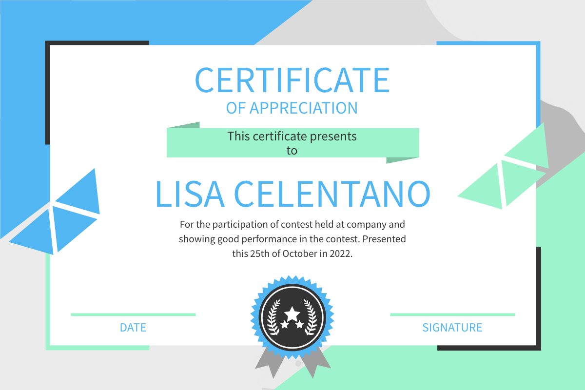Certificate template: Simple Blue And Green Triangles Shapes Certificate (Created by Visual Paradigm Online's Certificate maker)