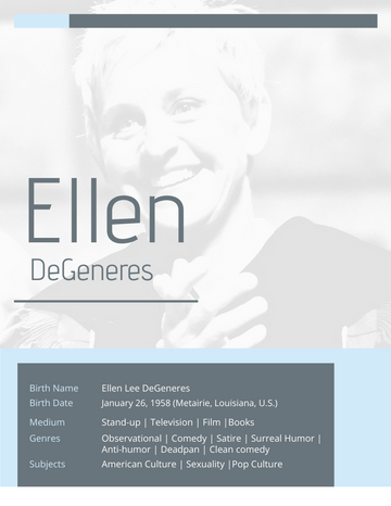 Biography 模板。Ellen DeGeneres Biography (由 Visual Paradigm Online 的Biography软件制作)