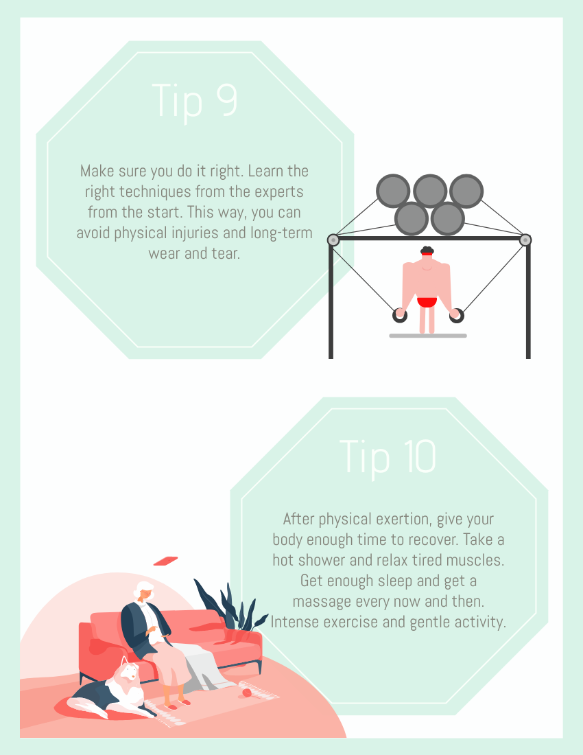小冊子 模板。 Sport for Beginners 10 Tips for Success (由 Visual Paradigm Online 的小冊子軟件製作)