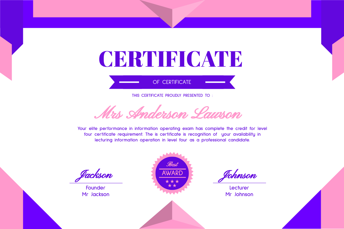 Certificate template: Pink Best Award Certificate Of Achievement (Created by InfoART's Certificate maker)