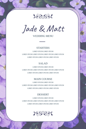 Editable menus template:Purple Floral Photo Wedding Menu