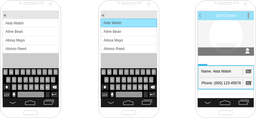 Android 线框 模板。Edit Contacts (由 Visual Paradigm Online 的Android 线框软件制作)